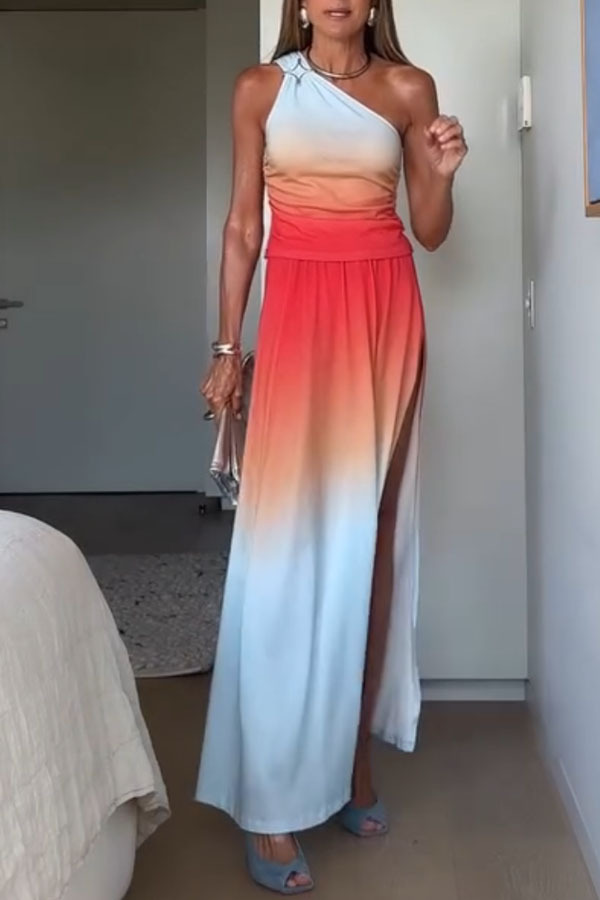 Ocean Sunset Ombré Print Starburst Brooch One Shoulder Tank and Elastic Waist Slit Maxi Skirt Set