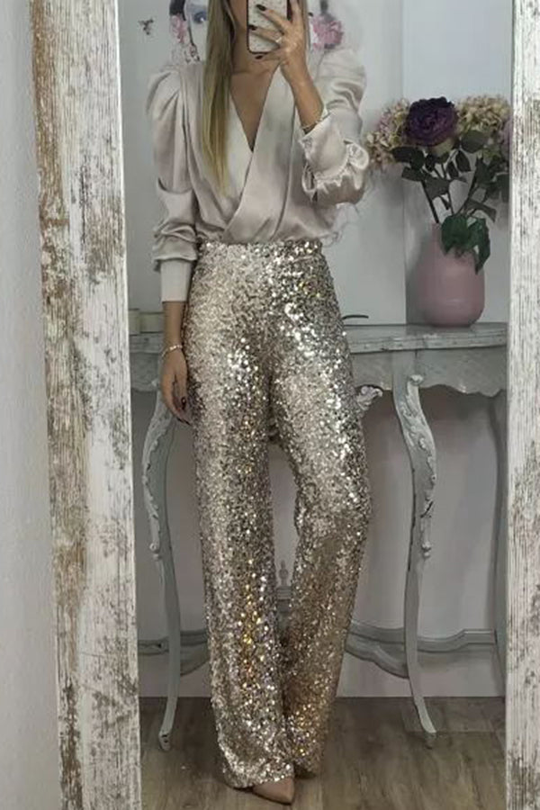 Glitzy Glamour Sequin High Rise Elastic Waist Wide Leg Pants-consonak
