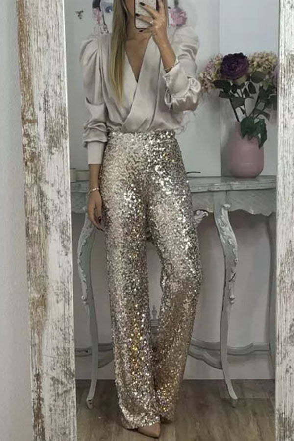 Glitzy Glamour Sequin High Rise Elastic Waist Wide Leg Pants-consonak