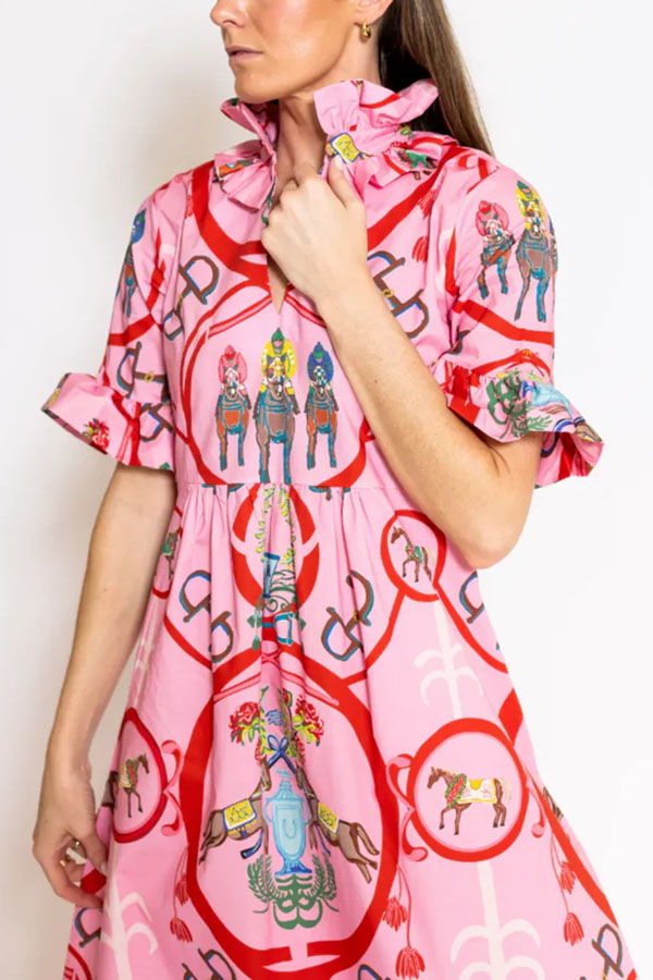 Churchill Social Playful Warhorse Print Stand Neck Ruffle Sleeve Belted Pocket Caftan Midi Dress-Consonak