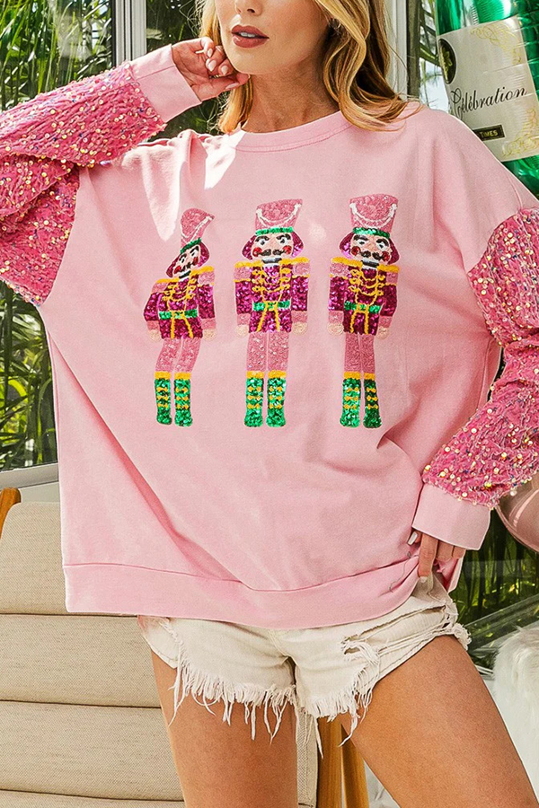 Christmas Casual Loose Round Neck Sequined Sleeve Sweatshirt | Consonak