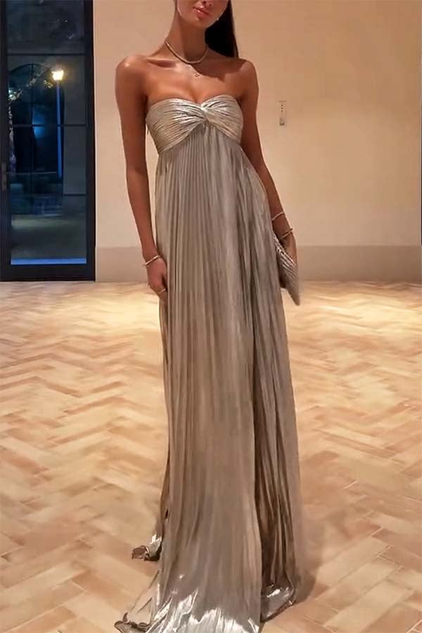 Night Elf Metallic Fabric Pleated Off Shoulder Twist Bust Slit Maxi Dress | Consonak