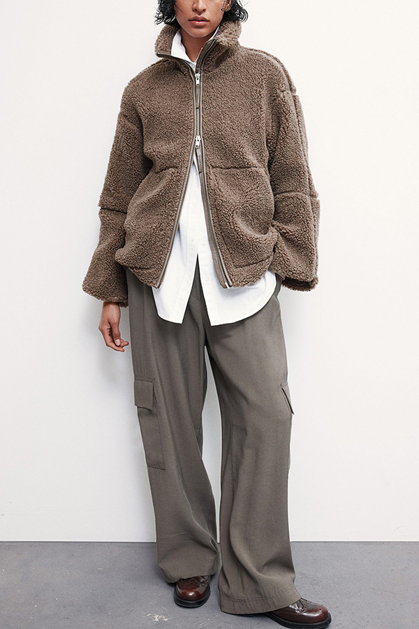 Solid Color Stitching High Collar Long Sleeve Loose Pocket Woolen Coat-consonak