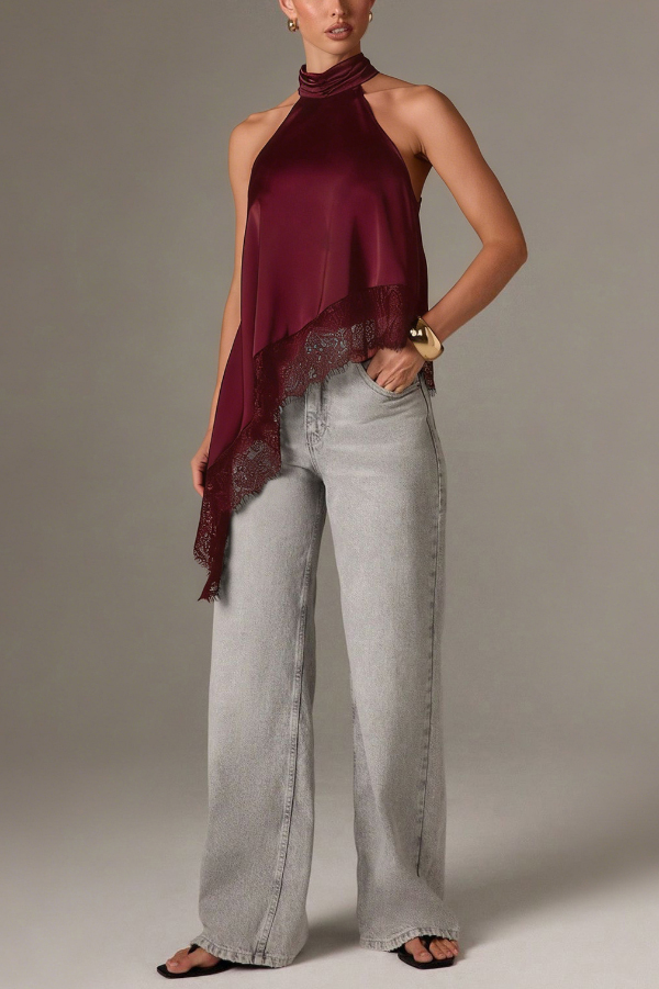 Solid Color Satin Sleeveless Lace Hem Loose Top