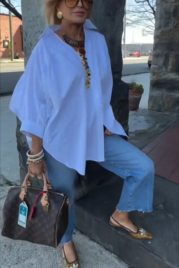 Easy and Modern Button Up Sculptural Sleeve Slit Oversized Midi Blouse