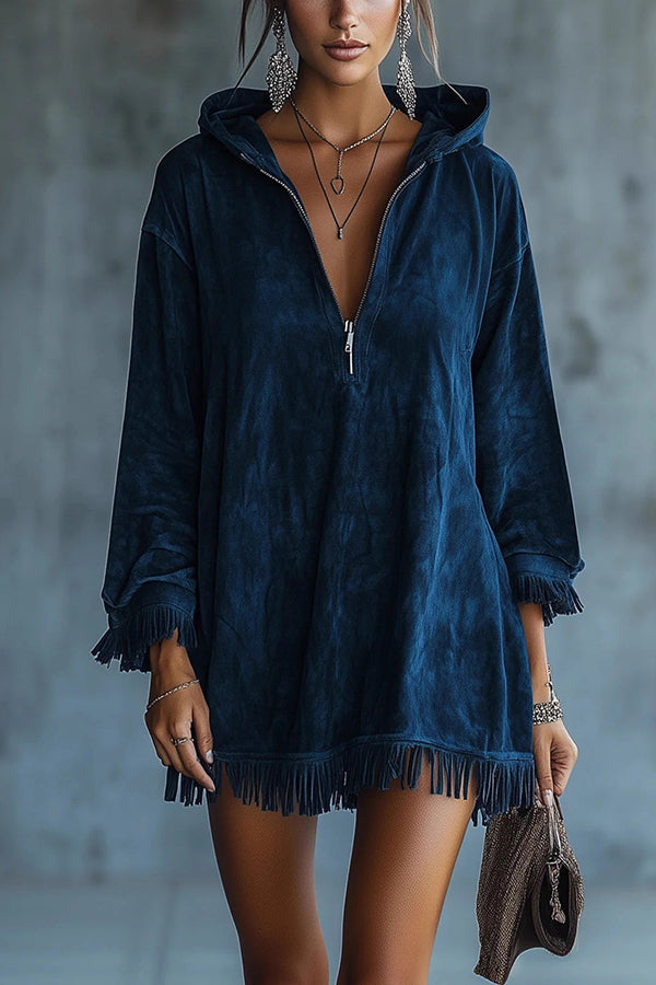 Solid Color Loose Hooded Zip-up Casual Long-sleeved Tassel Hem Mini Dress-consonak