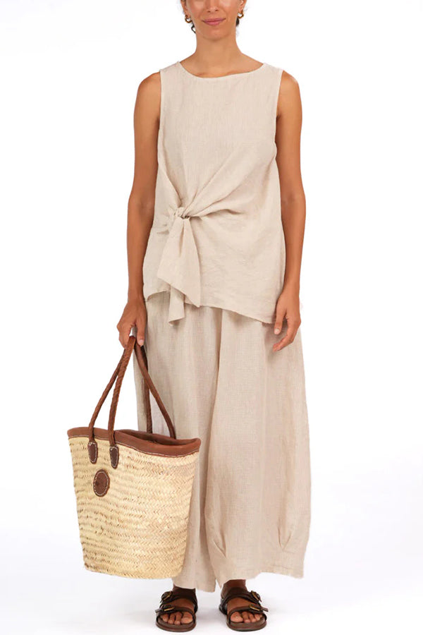 So Comfortable Linen Blend Knotted Top and Elastic Waist Pocket Wide Leg Pants Set-consonak