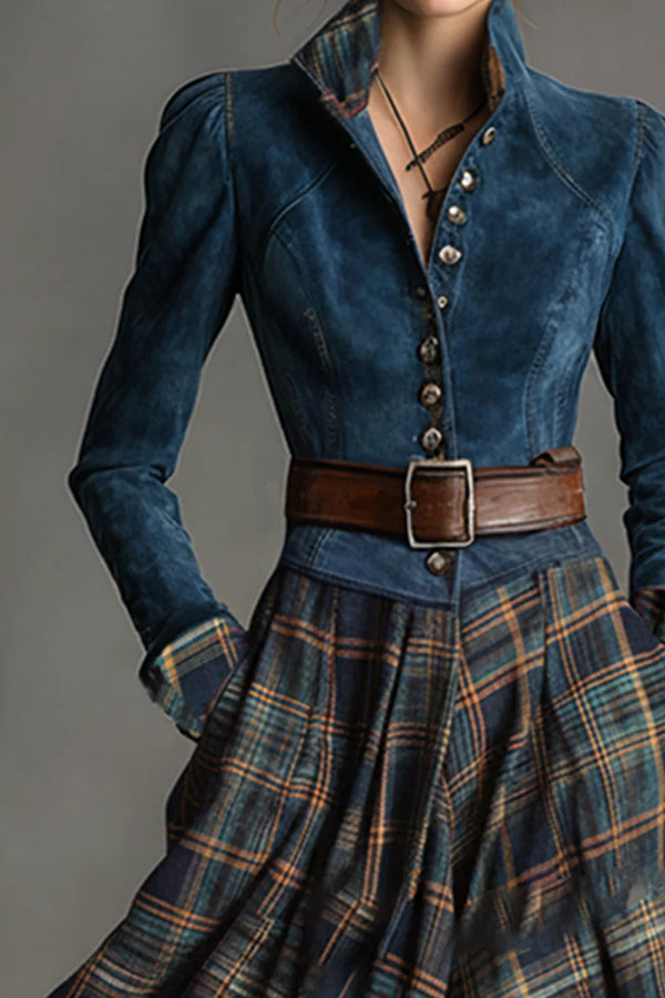 Fashionable Faux Denim Suede Patchwork Long-sleeved Casual Maxi Dress-consonak