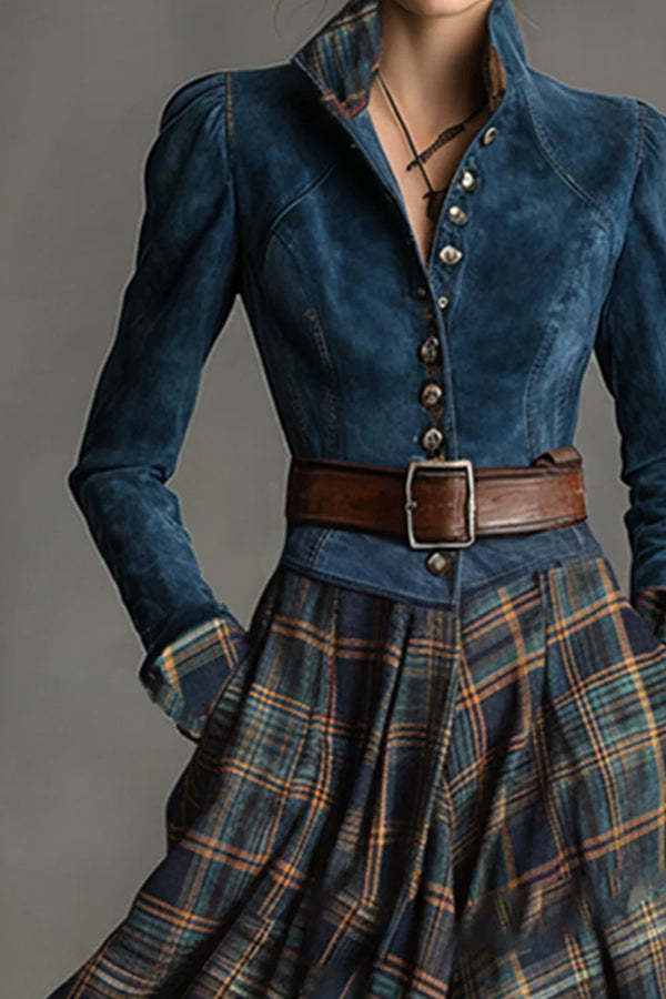 Fashionable Faux Denim Suede Patchwork Long-sleeved Casual Maxi Dress-consonak