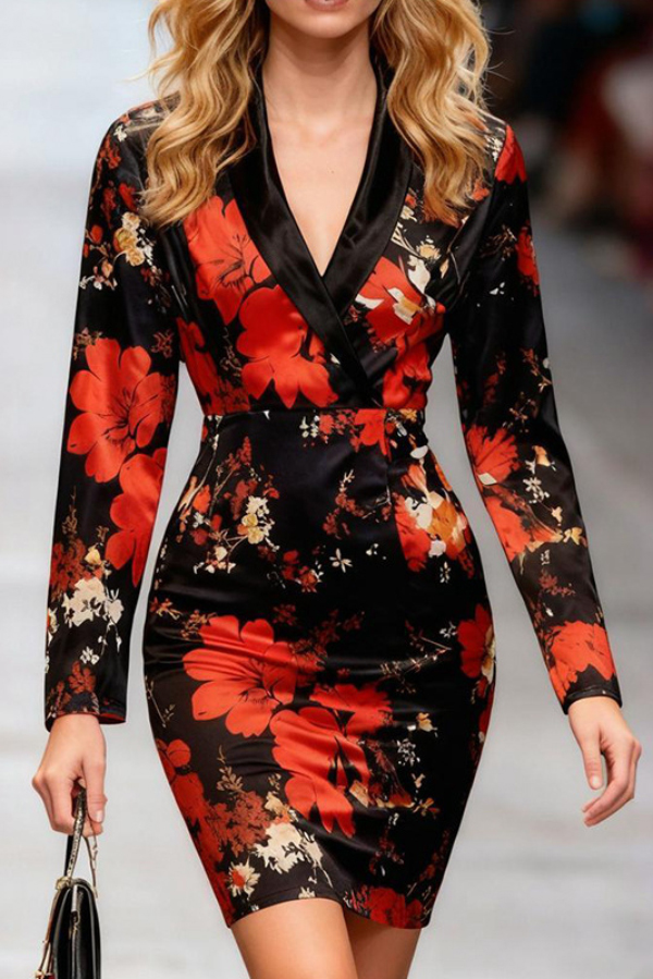 Floral Print V-neck Long-sleeved Slim-fit Mini Dress | Consonak