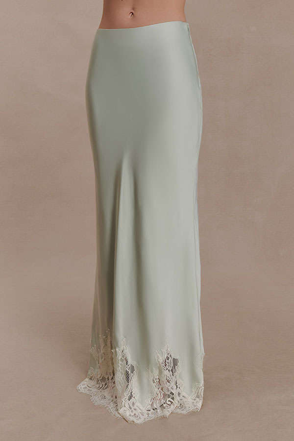 Nina Satin Lace Detail Mid Rise Flare Drape Maxi Skirt-consonak