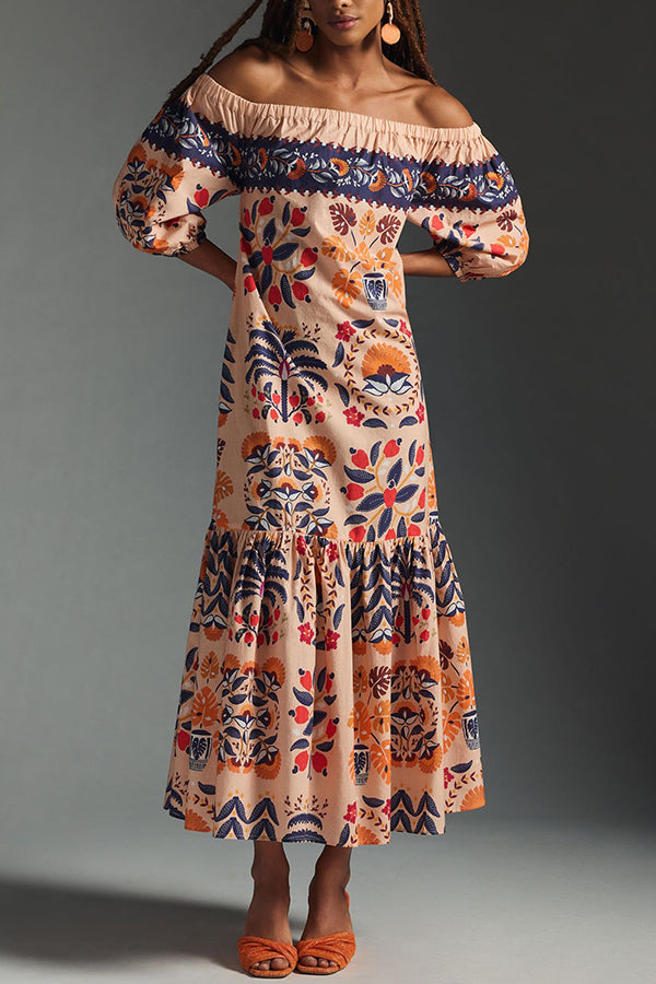 Island Lover Printed Off The Shoulder Pocketed Flowy Midi Dress | Consonak