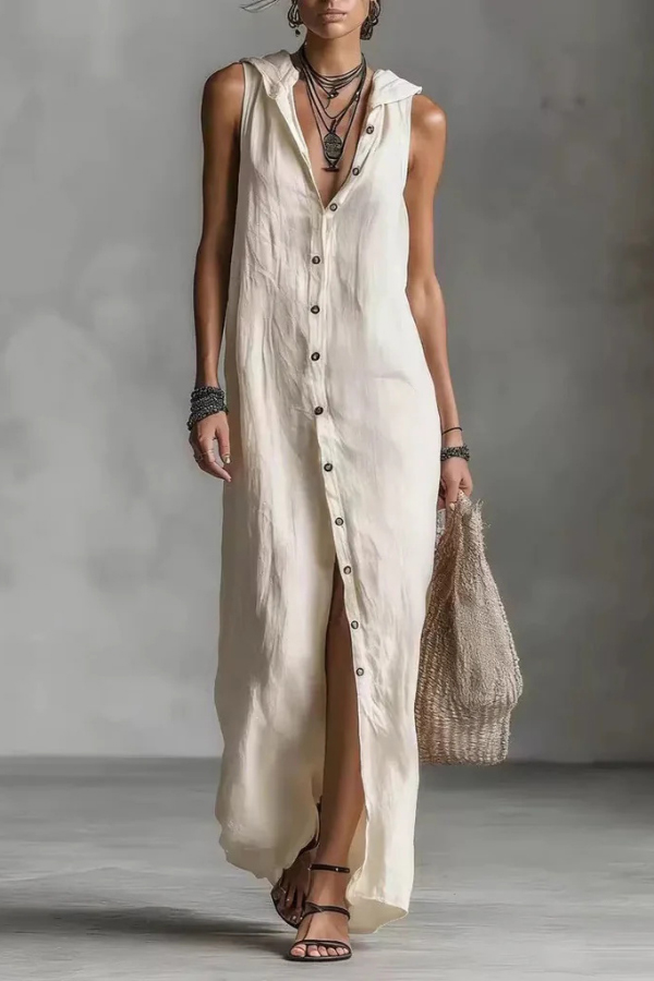 Linen Blend Solid Color Loose Single-breasted Sleeveless Casual Maxi Dress