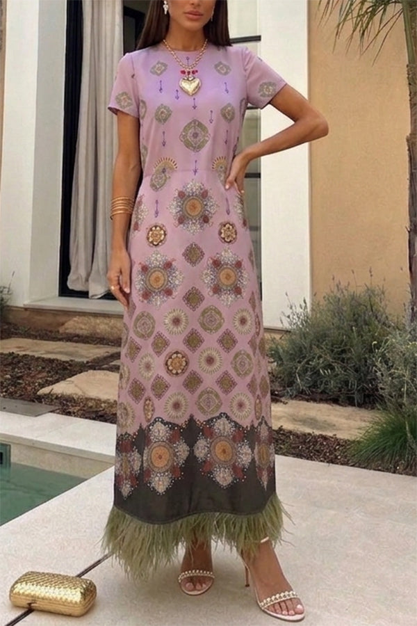 Lucia Satin Baroque Court Style Printed Short Sleeve Pocket Feather Trim Maxi Dress | Consonak