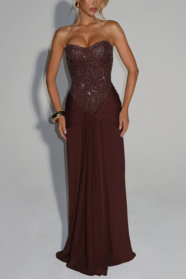 Carina Sequined and Satin Jersey Off Shoulder Ruched Knot Drape Maxi Dress | Consonak