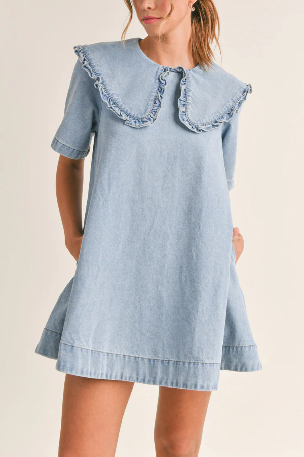 Solid Color Loose Short-sleeved Casual Ruffled Denim Mini Dress | Consonak