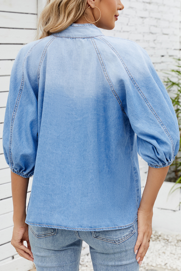 Fashionable Tie-up Bow Loose Lantern Sleeve Denim Top