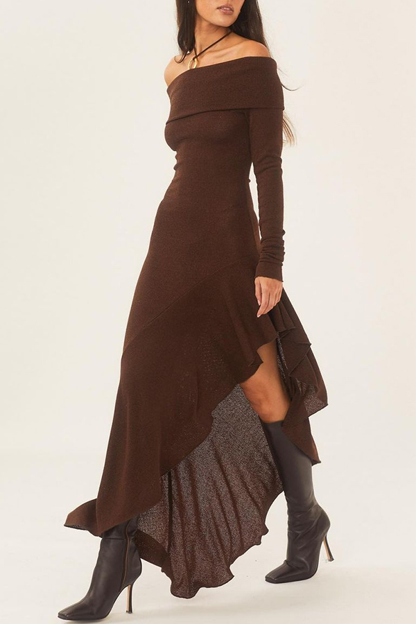 Temperament Off Shoulder Long Sleeve Irregular Hem Stretch Maxi Dress-consonak