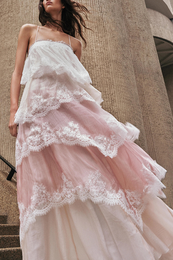 Caroline Gradient Layered Lace Trim Tiers Adjustable Straps Backless A-line Maxi Dress | Consonak