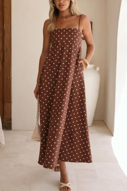 Polka Dot Print Square Neck Suspender Casual Pocket Maxi Dress