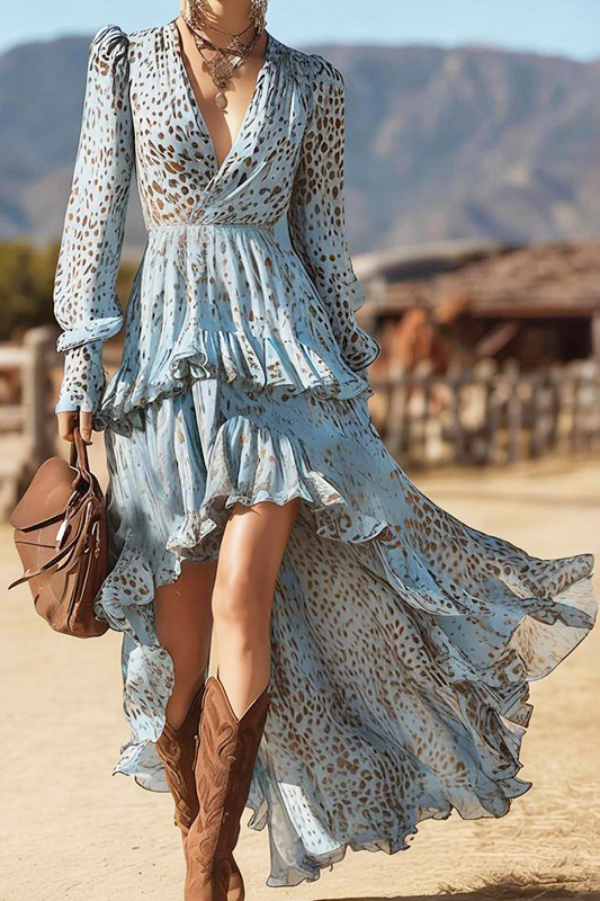 Unique Print V-Neck Long Sleeve Irregular Ruffle Maxi Dress