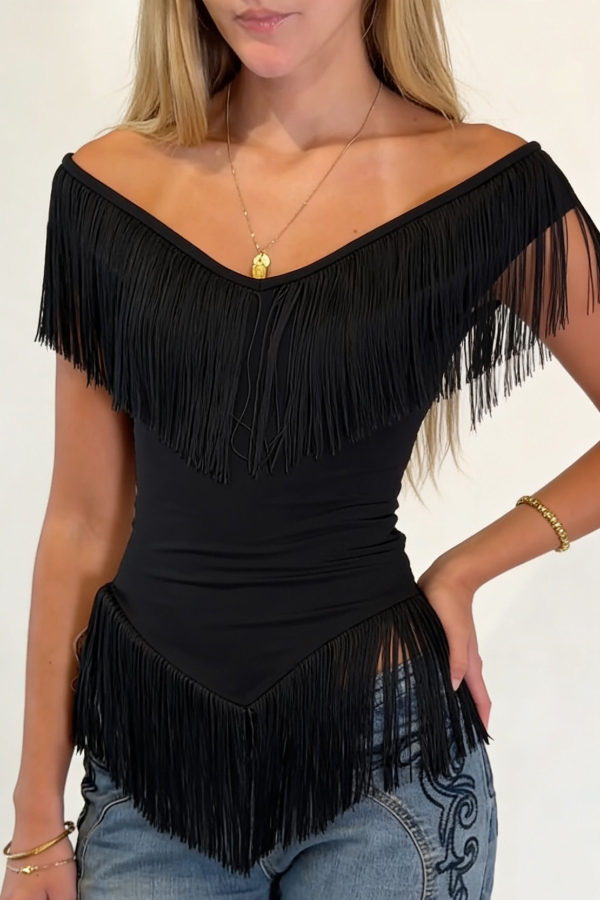 Solid Color V-neck Off-shoulder Tassel Fitted Top | Consonak