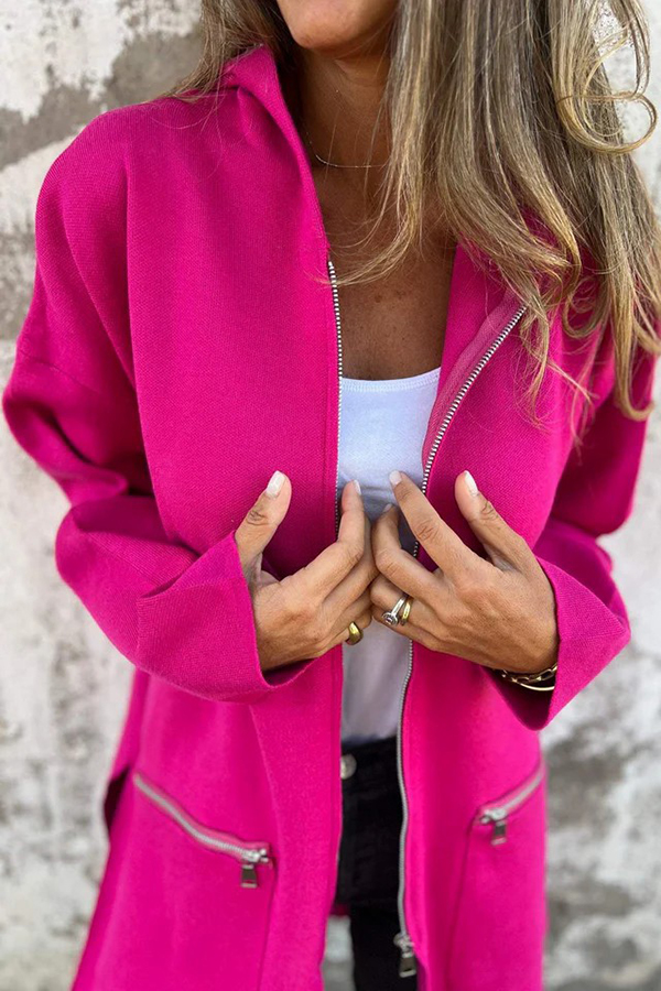 Solid Color Hooded Casual Zip Pocket Jacket-consonak