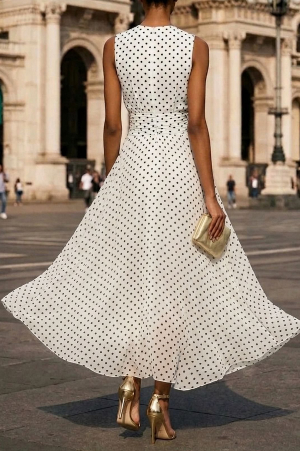 Polka Dot Print Round Neck Sleeveless Pleated Waist Casual Maxi Dress | Consonak