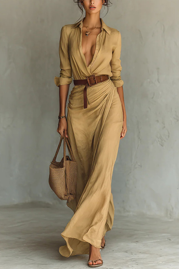 City Sleek Single Breasted Long Sleeve Warp Slit Shirt Maxi Dress | Consonak