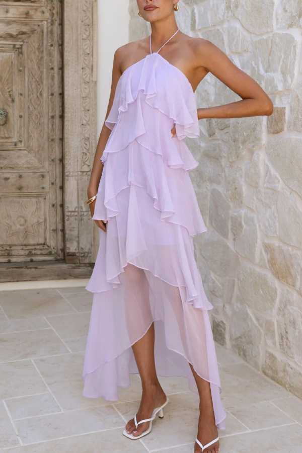 Solid Color Chiffon Halter Neck Elegant Ruffle Maxi Dress-consonak
