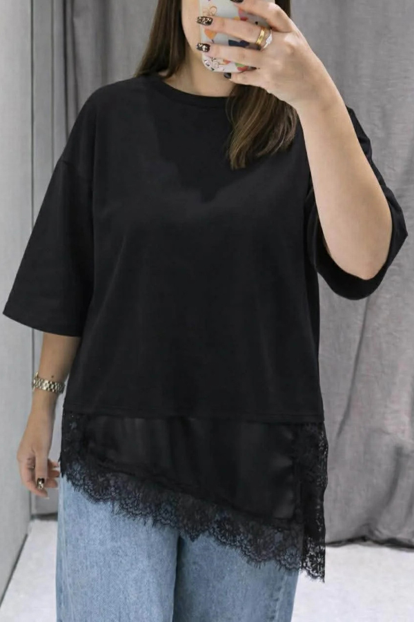 Stylish Round Neck Short-sleeved Patchwork Lace Hem Loose T-shirt-consonak
