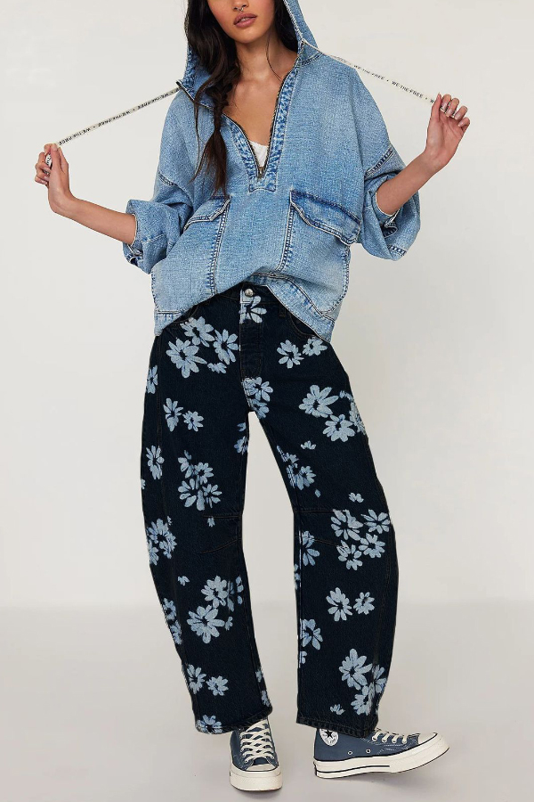 Fashionable Printed Casual Loose Mid-rise Pocket Leg Jeans