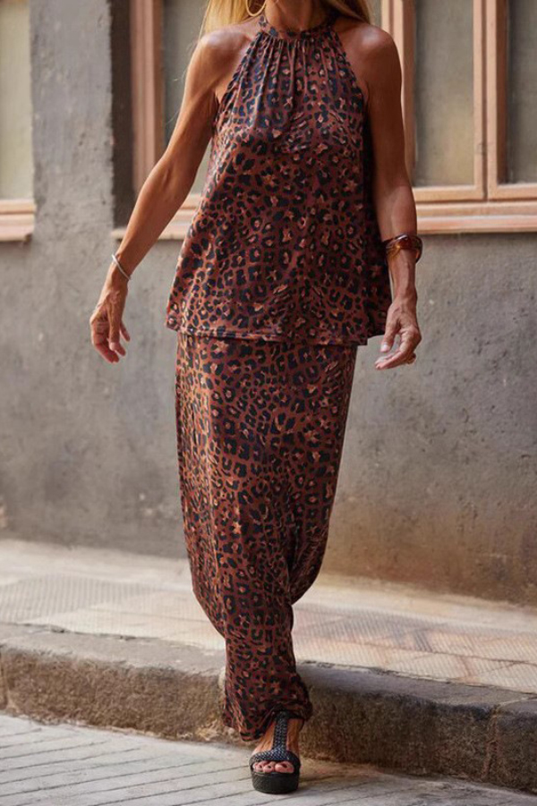 Leopard Print Sleeveless Loose Top and Casual Maxi Skirt Set-consonak
