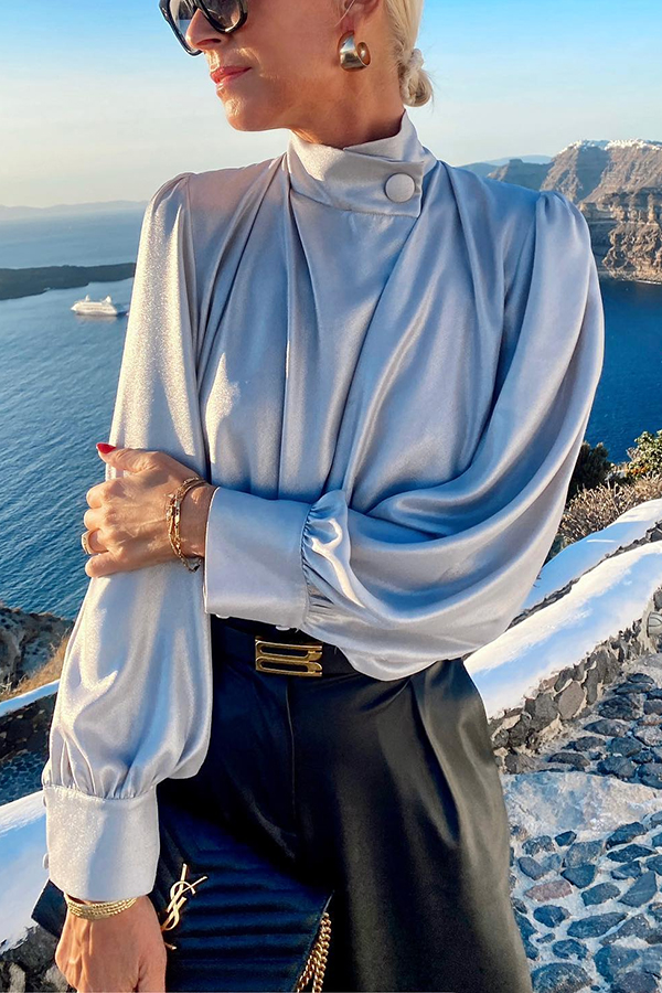 Falling for You Satin Button High Neck Lantern Sleeve Blouse-consonak