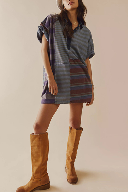 Contrast Striped Patchwork Denim Lapel Loose Casual Mini Dress-consonak