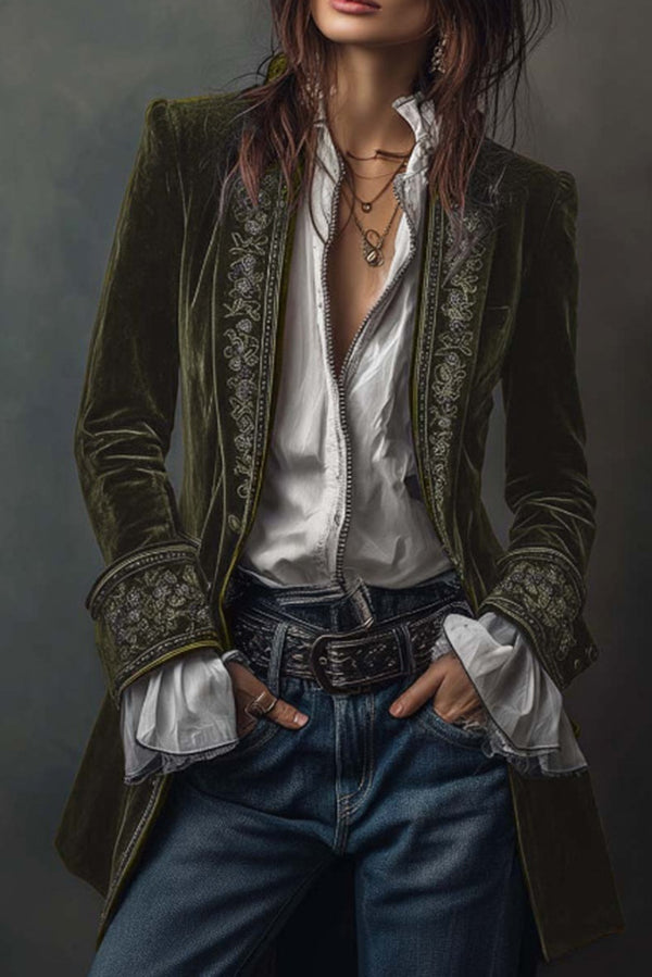 Gold Velvet Patchwork Printed Edge Long-sleeved Casual Jacket-consonak