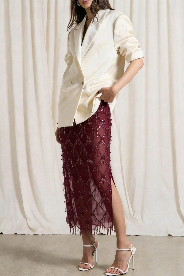 Fashionable Mesh See-through Sequined Tassel Midi Skirt