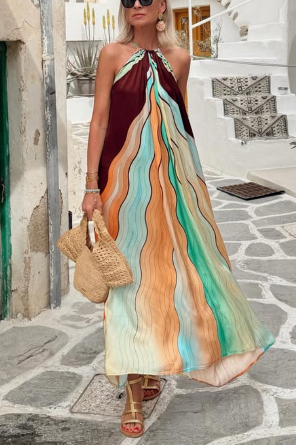 Santorini-inspired Backless Halter Neck Wavy Gradient Print Maxi Dress-Consonak