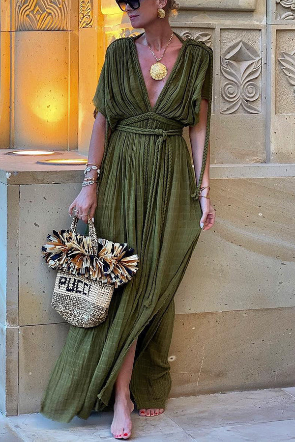 Greek Style Linen Blend Draped Braids Kimono Cover Up Slit Maxi Dress | Consonak