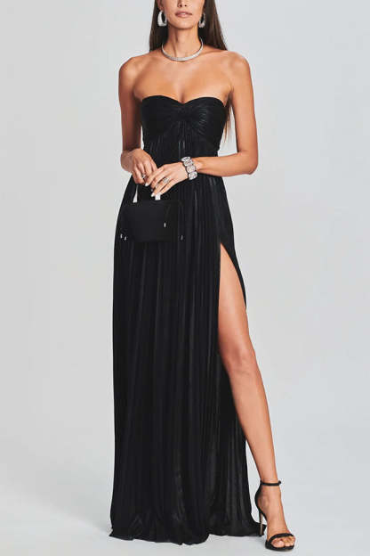 Metallic Sexy Tube Top Pleated High Slit Maxi Dress-consonak