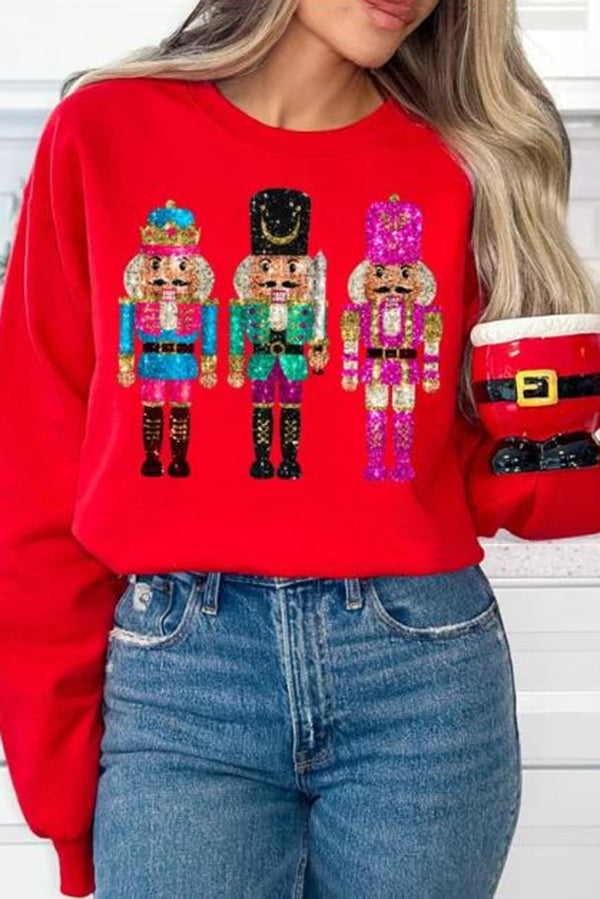 Christmas Soldier Sequin Loose Crew Neck Long Sleeve Sweatshirt-consonak