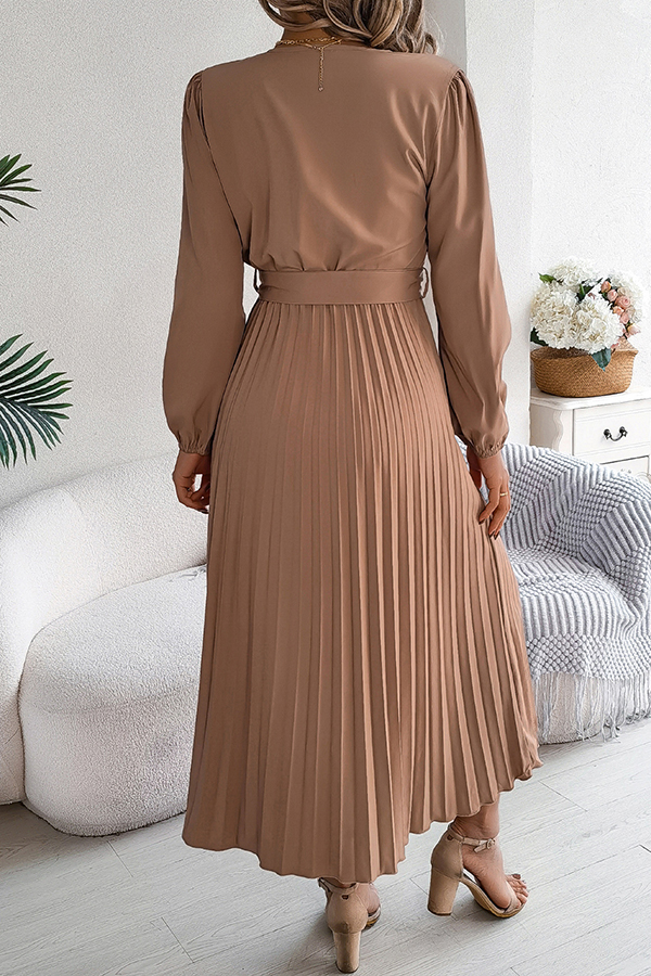 Solid Color Elegant V-neck Buttoned Lace-up Pleated Maxi Dress-consonak