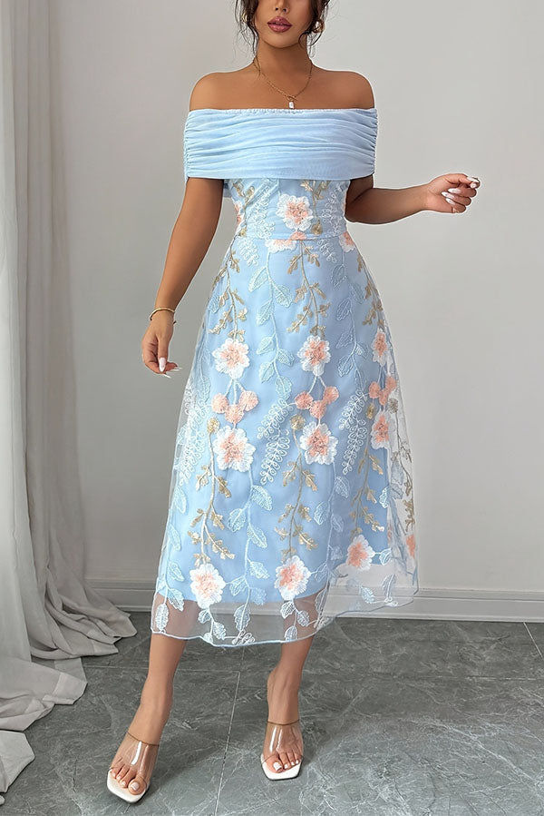 Elegant Ruched Off-Shoulder Floral Appliqué Midi Dress-Consonak
