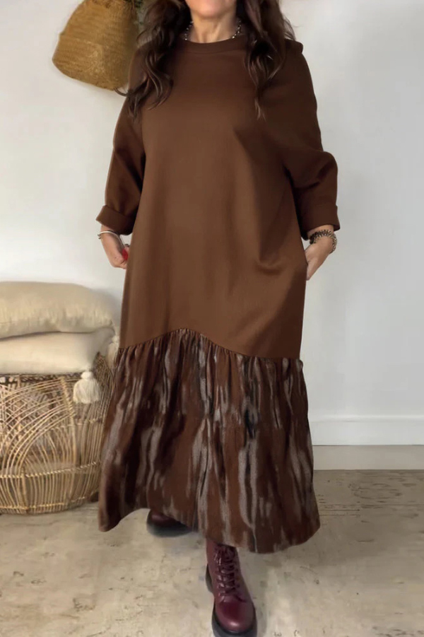 Fashionable Tie-dye Patchwork Round Neck Long Sleeve Pocket Loose Maxi Dress