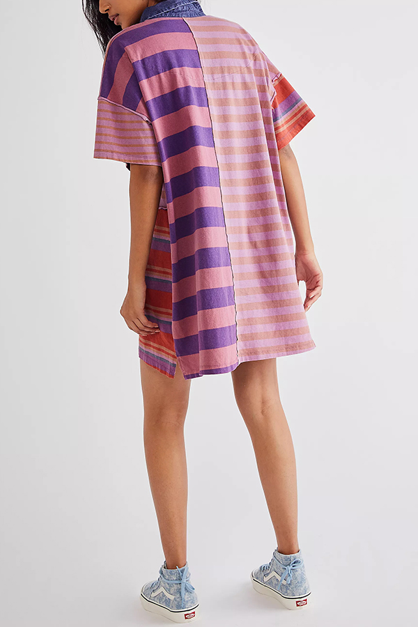 Contrast Striped Patchwork Denim Lapel Loose Casual Mini Dress-consonak