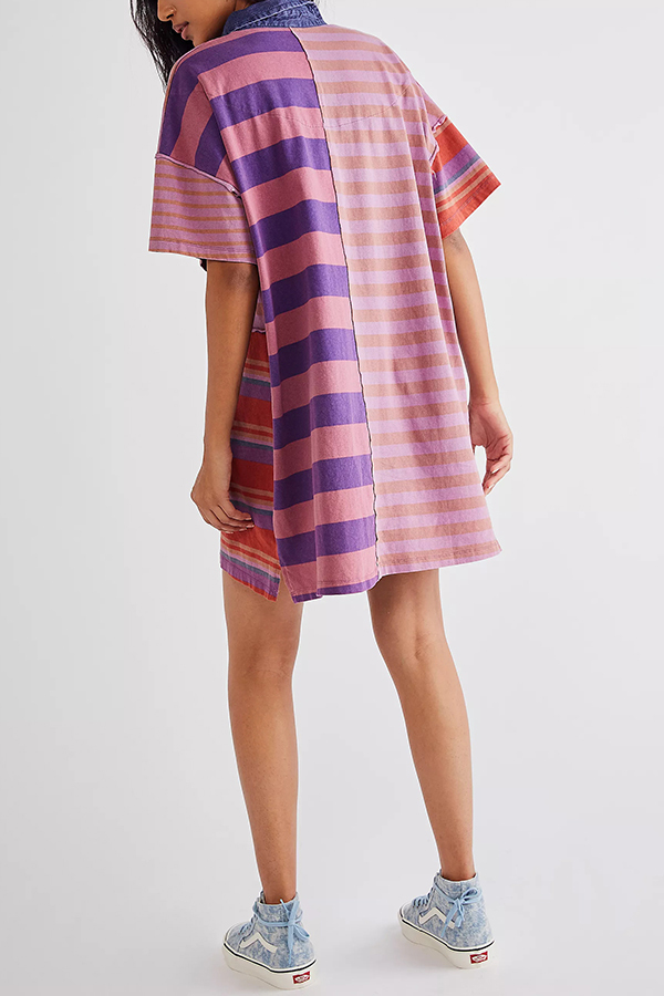 Contrast Striped Patchwork Denim Lapel Loose Casual Mini Dress-consonak