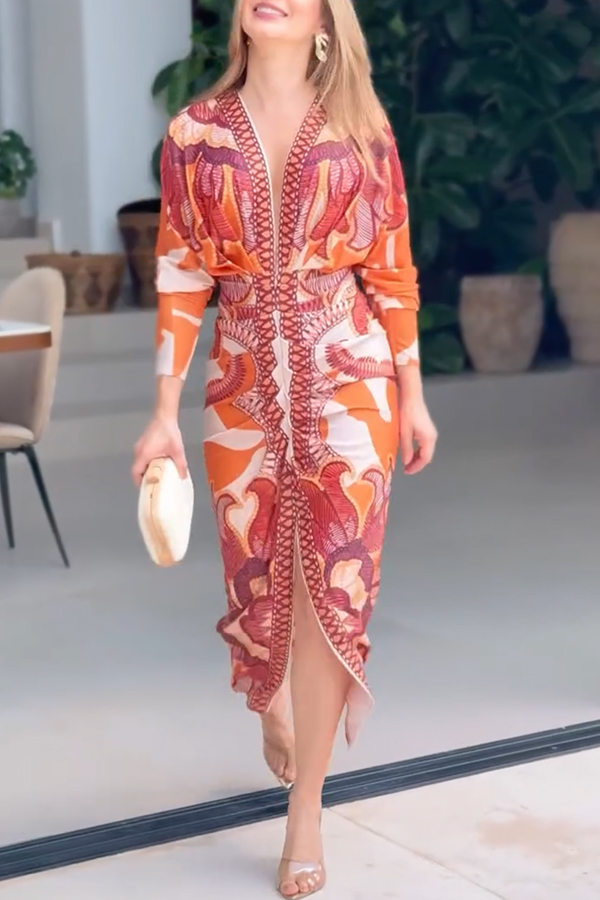 Brazilian Style Unique Print Dolman Long Sleeve Ruched Slit Midi Dress  Vestidos | Consonak