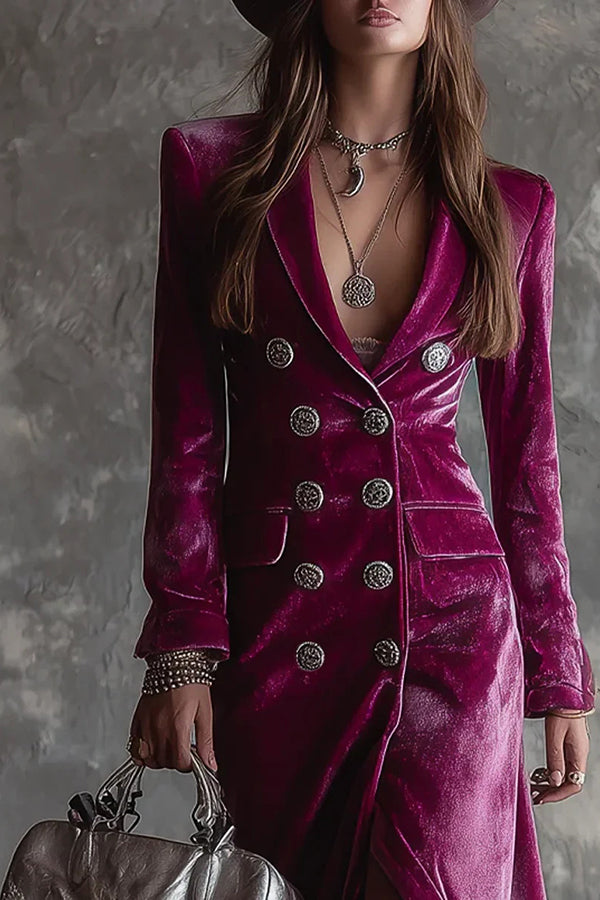 Elegant Velvet Collared Long-Sleeved Double-Breasted Midi Dress-consonak
