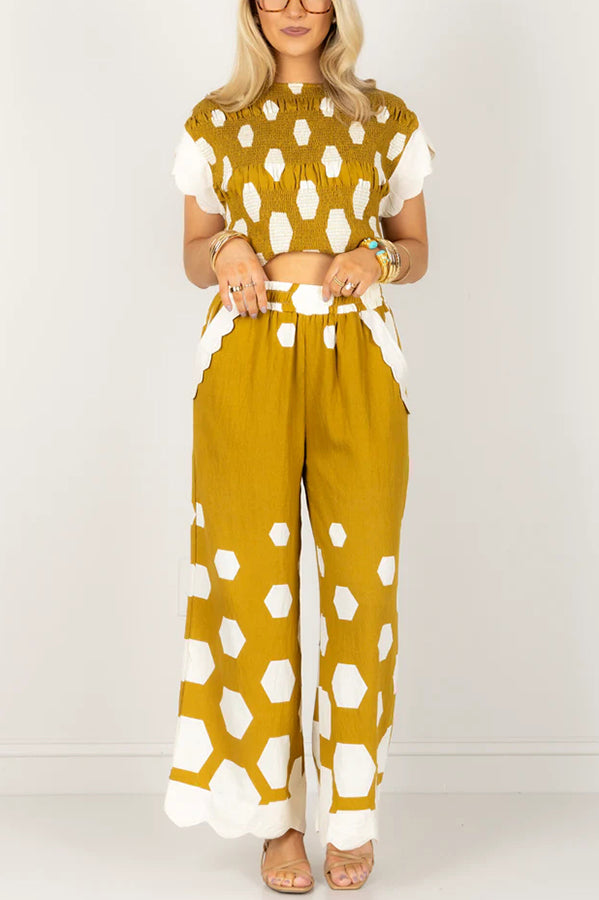 Tied To Charm Polka Dot Smocked Short Sleeve Top And Elastic Waist Pocket Loose Pants Set