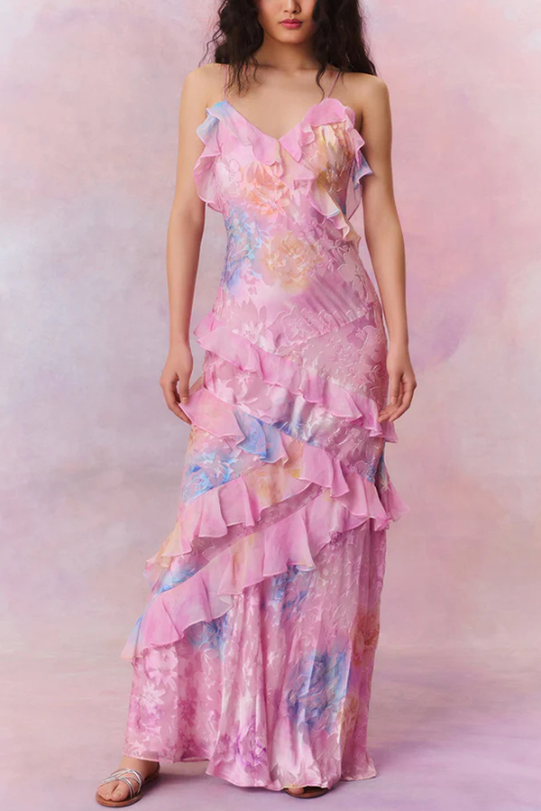 Multicolor Tie-dye Sexy Backless Wave-hem Strap Maxi Dress-consonak